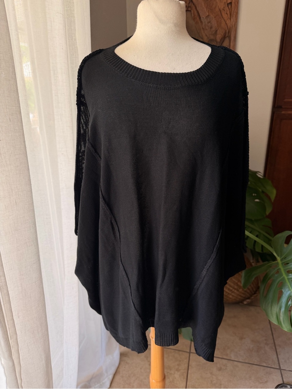 Bibi Black Sheer Knit Oversized Poncho Sweater XL
